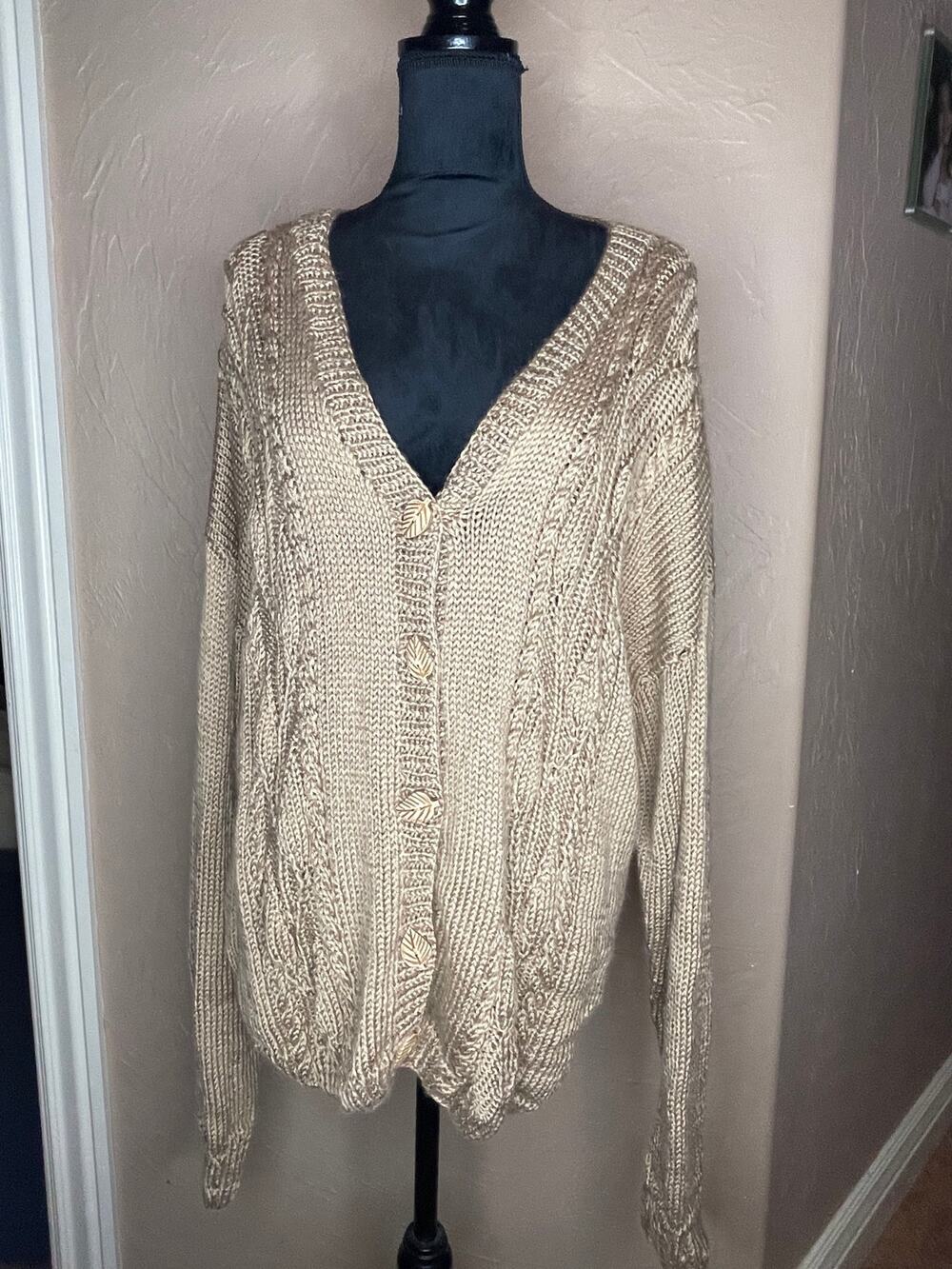 Vintage Handmade Oversized Chunky Cable Knit Cardigan Sweater Cream Beige XL/2X